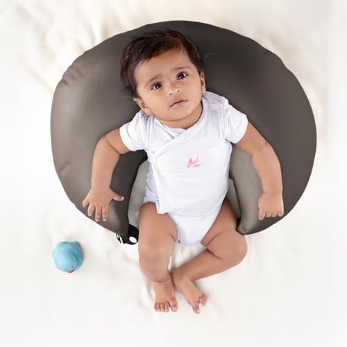 Image of Wakefit Feeding Pillow for New Born Baby | 3 Months Warranty | 5 in 1 Nursing Pillow with Belt and Hoop for Breastfeeding with Velvet Removable Cover | Charcoal Grey