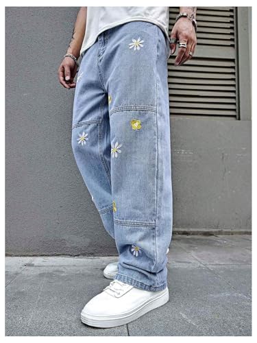 Verdusa Men's Baggy Pants Floral Embroidery Straight Leg Denim Jeans Streetwear3