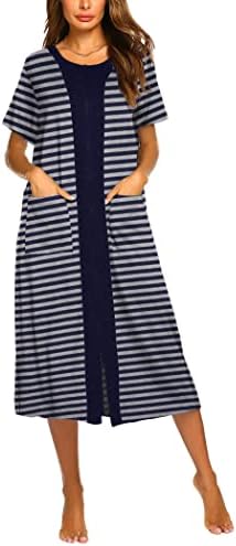 Ekouaer Women Zipper Robe Short Sleeve Loungewear Full Length Nightgown Duster Housecoat with Pockets S-XXL Navy Blue