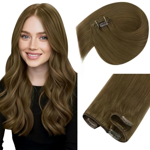 Image of Sunny Hair Clip in Hair Extensions Real Human Hair Light Brown 12 Inch | Remy Hair Extensions Clip Ins, Soft Layers and Blended Ends with Natural Looking for Quick Daily Styling, Easy to Apply 85g