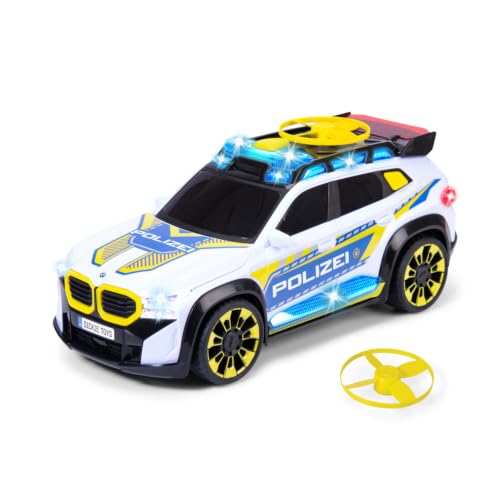 Dickie Toys BMW XM Crime Hunter (30 cm), Voiture de Police pour Enfants à partir de 3 Ans, Lanceur de Drones avec 2 Drones Jouets, lumière et Son, Panneau d'arrêt, Roue Libre, Jouet SUV de Police