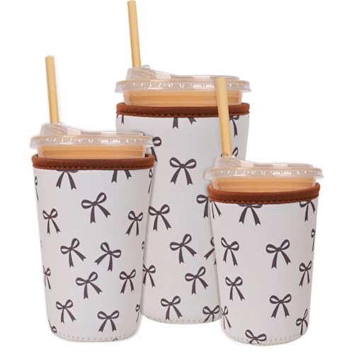 Reusable Insulated Neoprene Iced Coffee Cup Sleeve, Durable Drink Sleeve for Cold Beverages, Beverage Holder for Iced Coffee, Elegant Bow
