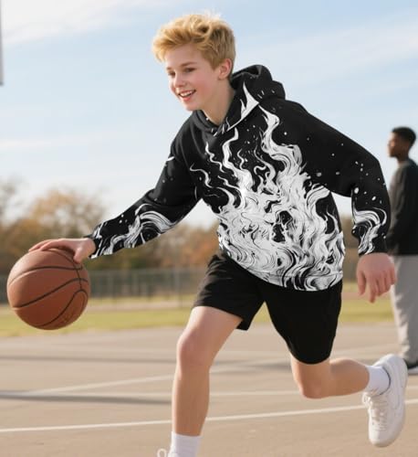 Image of Lovekider Youth Boys Hoodies Sweatshirt with Big Pocket 3D Black Blue Hooded Sweater Hip Hop Cool Sweatshirt for Fall Winter 11-13 Years Old