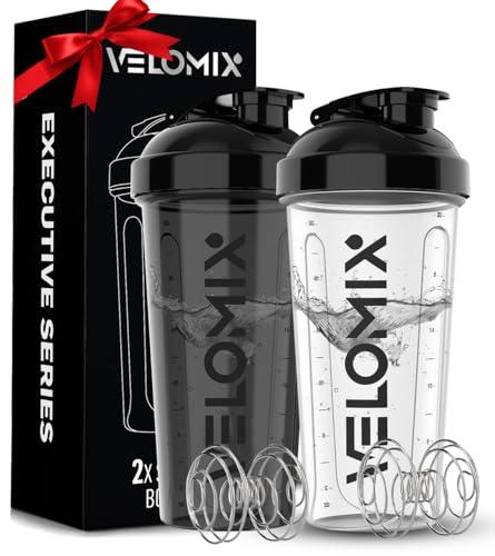VELOMIX - Confezione da 2 bottiglie shaker per proteine da 793,8 g per miscele proteiche, 2 fruste metalliche | Shaker a prova di perdite per frullati proteici | Confezione shaker per proteine |