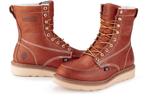 Image of SUREWAY 8in Waterproof Moc Toe Work Boots for Men Soft Toe,Premium Full Grain Leather,Safety Wedge Work Boots /Shoes,Comfort Insole,Oil /Slip Resistant,Industrial Construction Boots LT BROWN