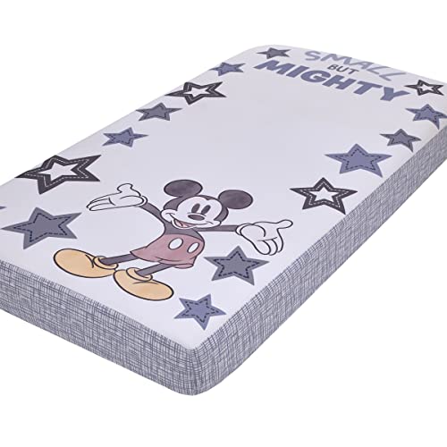 Image of NoJo Disney Mickey Mouse Mighty Mickey Gray, Blue, Red and Yellow Small But Mighty Nursery Photo Op Fitted Crib Sheet