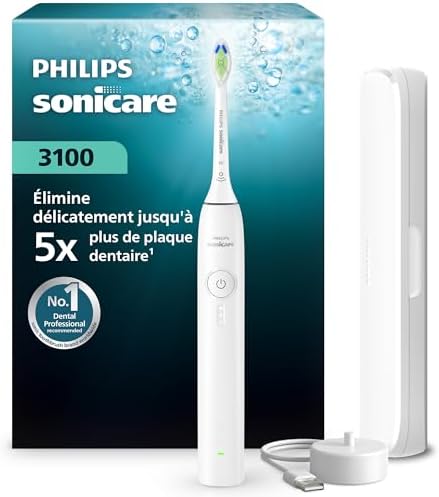 Brosse à dents électrique Philips Sonicare série 3100 – capteur de pression, 3 intensités, EasyStart, SmarTimer, 14 jours d’autonomie, étui de voyage, coloris blanc, modèle HX4033/21, [Nouveau]