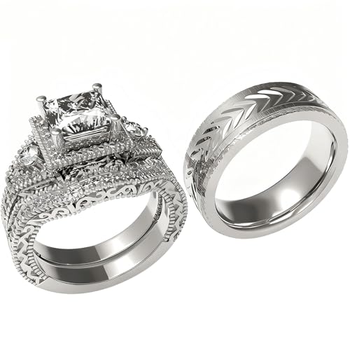 3pc Couples Wedding Ring Sets His And Hers Women Sterling Silve Moissanite and men Wedding Bands