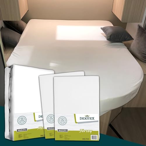 Dexitex - Cama Isla Sabanas Bajeras - 2 Sasbanas Ajustables + 1 Protector de Colchon - Cama Isla Autocaravana - para Colchon Camper - Accesorios Autocaravana -Oeko-Tex - 100% algodón - Blanco