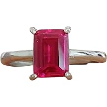 Elegant 3 ct Lab-Grown Ruby Ring in 925 Sterling Silver, Emerald Cut Pigeon's Blood Red, Solitaire with Accents| Size 5 to 13