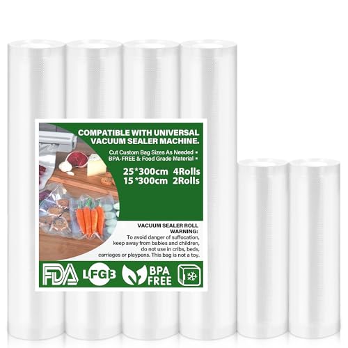 Bolsas Vacio Alimentos 6 Rollos Bolsas Envasar al Vacio 15|25x300cm, Bolsas Para Envasar al Vacio Aplicable a Envasadora al Vacio, Sin BPA, 170µm, Bolsas Congelacion Aplicable a Microondas