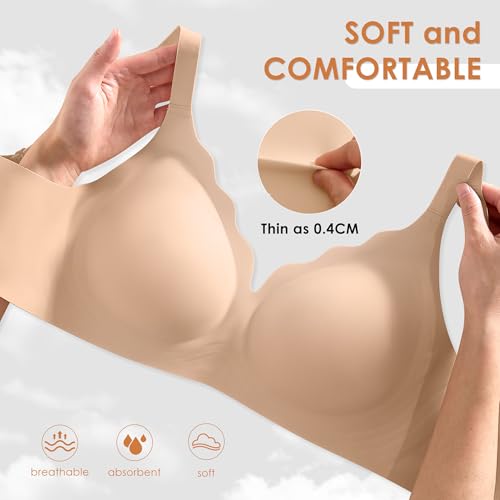 Seamless Wireless Bra for Women with Support - No Underwire Full Coverage Push Up Comfort Bras - Back Fat Smoothing No Wire Bralette for Womens - Padded Soft Lift Bralettes(Deep Skin,L)