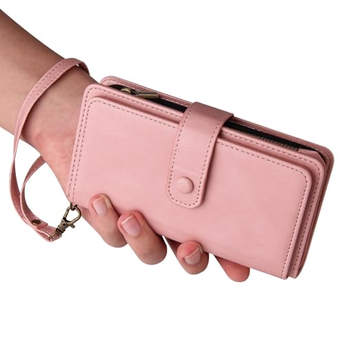 Étui portefeuille iPhone 13 mini rose clair en cuir avec fermeture éclair