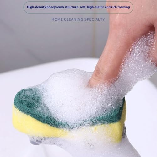 Image of The Pot Brush with Green and Yellow Washing Pads Does not Damage The Pot Handle and can be Used to add Liquid, Brush The Bowl, and Brush The Stove