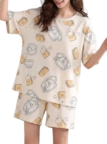 Image of Korean Night Dress |Shorts Set |Round Neck Half Sleeve Nightsuit |Premium Cotton Blend Stylish Digital Printed Pajama Co-ords |Matching 2 Piece Sleepwear Nightwear Cute Pjs |Casual Lounge Sets