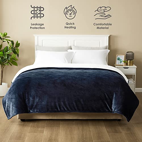 Eheyciga Heated Blanket Electric Blanket Twin - Heating Blanket With 5 Heating Levels & 10 Hours Auto Off, Soft Cozy Sherpa Washable Blanket With Fast Heating, 62 X 84 Inches, Navy Blue #TOP5