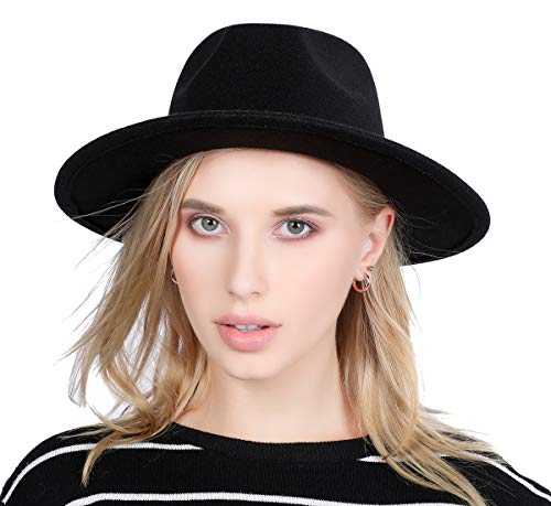 Lanzom Women Lady Retro Wide Brim Floppy Panama Hat Belt Buckle Wool Fedora Hat Fit Size 6 8/7-7 1/4 (Black, One Size) #TOP2