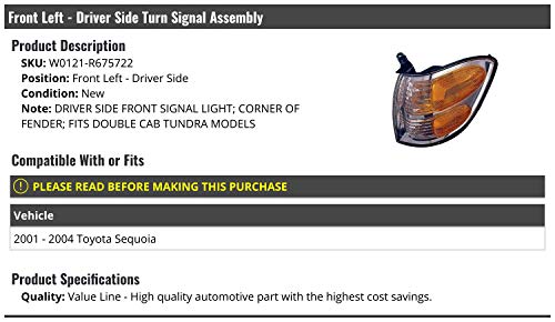 Front Left Driver Side Turn Signal Assembly - Corner of Fender - Compatible with 2001-2004 Toyota Sequoia
