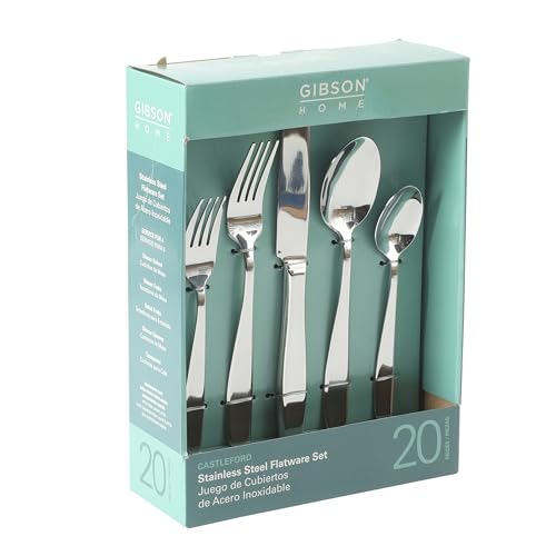 Image of Gibson Home Castleford Flatware Utsensil Set, 20-Piece Stainless Steel Silverware Service for 4 - Modern Polished Finish