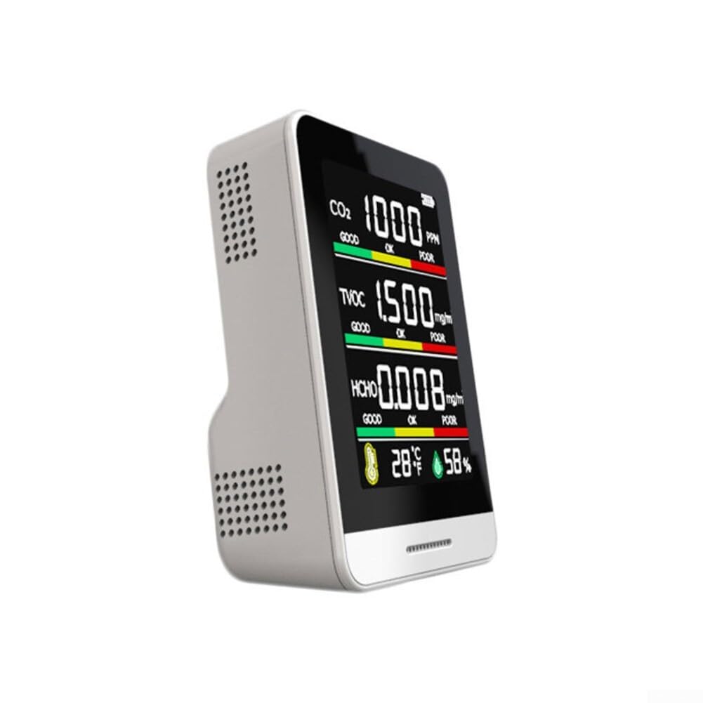 Misuratore di qualità dell'aria 5 in 1 per TVOC, formaldeide, temperatura e umidità, con display a colori e batteria USB, per ufficio, casa e scuola