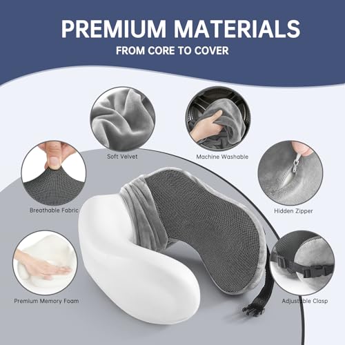 Image of Neck Pillow Travel Pillow - 100% Pure Memory Foam Airplane Pillow with Adjustable Clasp & Removable Cover, Portable Travel Essentials for Long Flights, Car & Office (Light Gray, with Eye Mask)