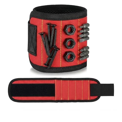 BDEPSTR Pulsera Magnética con 15 Potentes Imanes para Sujetar Tornillos y Clavos, Muñequera Portaherramientas de 5 Filas, Regalo Ideal para Hombres y Padre, Ajustable y Resistente para Bricolaje, Rojo