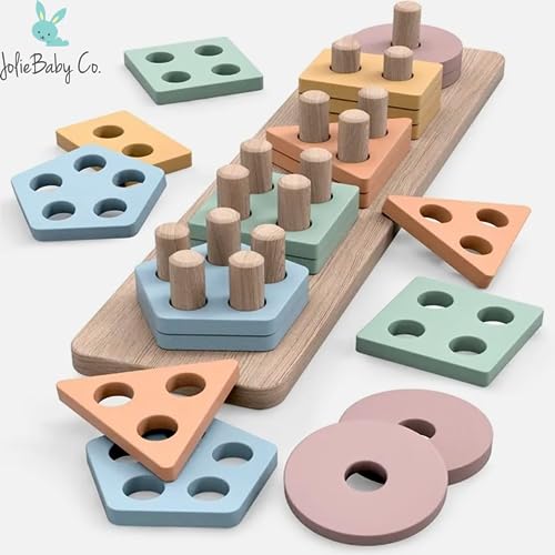 Image of Jolie Baby Co. Montessori Toys for 18+ Months Old - Toddlers Wooden Sorting and Stacking Toys for Baby Boys and Girls - Shape Sorter and Color Stacker Preschool Kids Wood Gifts