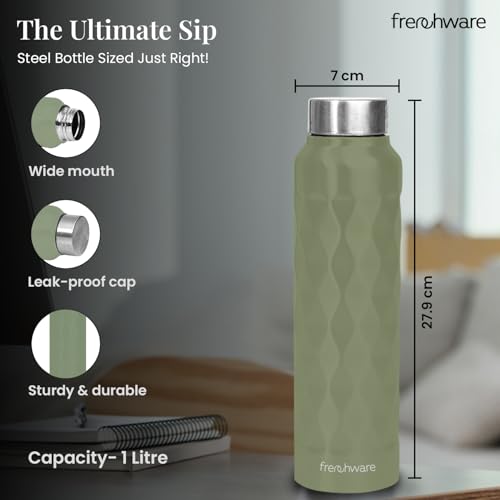 Image of Frenchware Water Bottle (1 Litre, Premium Stainless Steel, Olive) Bottle for Fridge, School, Outdoor, Gym, Home and Office, Scratch-Resistant, Rust Free, Non-Toxic, Easy-to-Clean