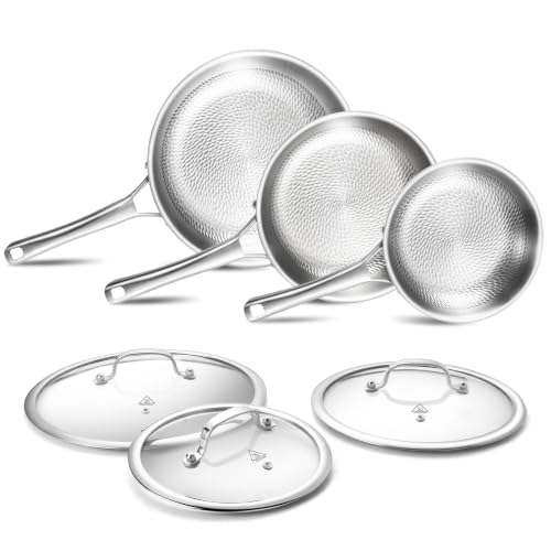 Image of Lazycorner Hammered 6-Piece Nonstick Frying Pan Set with Lids, 8 /10 /12 Inch