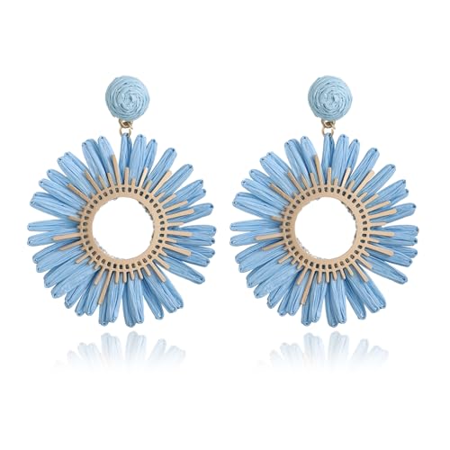 RUOFFETA Large Raffia Sunflower Earrings, Handmade Raffia Statement Drop and Dangle Earrings Summer Tropical Beach Jewelry(Sky Blue)