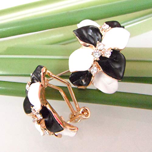 Navachi 18k Gold Plated White Crystal Double Enamel Leaves Flower Omega Back Earrings3