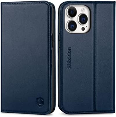 SHIELDON Wallet Case for iPhone 14 Pro Max 2022, Genuine Leather Flip Cover Kickstand RFID Blocking Card Slots Magnetic Shockproof Case Compatible with iPhone 14 Pro Max 5G (6.7 Inch) - Navy Blue