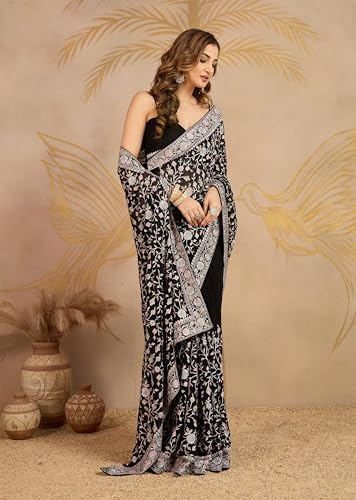 Image of TRENDMALLS Women's Georgette Multi Colour Resham Thread Embroidery with Siroski work Saree with Unstitched Blouse Piece