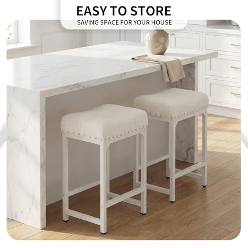 Image of Counter Height Bar Stools Set of 2, 24 Inch Bar Stools for Kitchen Counter, White Boucle Saddle Backless Barstools, Modern Counter Stools Kicthen Island Stools, Off White