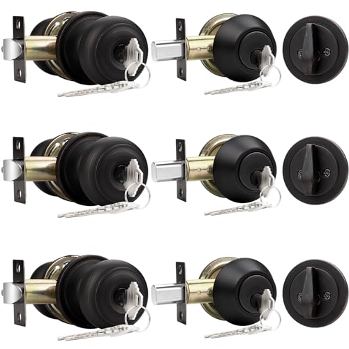 Probrico Keyed Alike Entry Door Knob and Single Cylinder Deadbolt Lockset, Front Door Knob with Key and Deadbolt, Oil Rubbed Bronze, 3 Pack