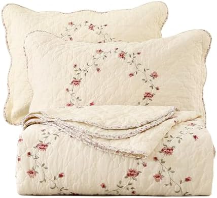 vctops 3-Piece Floral Embroidered Bedspread Coverlet Set King Size 100% Cotton Reversible Patchwork 1 Quilt and 2 Pillow Shams (Flower,King)
