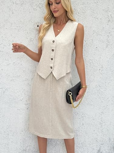 Women's 2 Piece Outfits Linen Vest Waistcoat Dressy Casual Skirt Sets Suit Summer Vacation Clothes2
