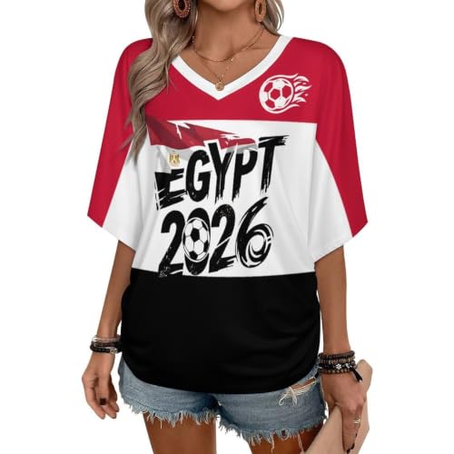 Egypt Soccer Jersey World Cup Shirt for Women, Egypt National Team Soccer Game Jersey Oversized Tee Shirts Football Team Fan Clothes Outfits V Neck Short Sleeve Tops for Fans X-Large