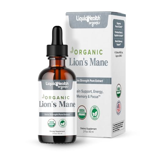 LIQUIDHEALTH USDA Organic Lions Mane Mushroom Drops Supplement - Extra Strength Pure Extract for Brain Support Energy Memory & Focus - Vegan 60-Day Supply Made in USA (2 fl oz)