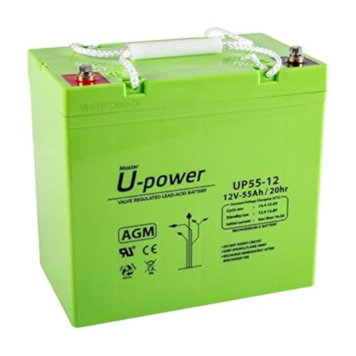 U-Power Batería AGM 12V 55Ah – Sellada Recargable Plomo-Ácido VRLA – Para Alarmas, SAI/UPS, Energía Solar, Seguridad y Más – Terminal Tornillo Métrica M6
