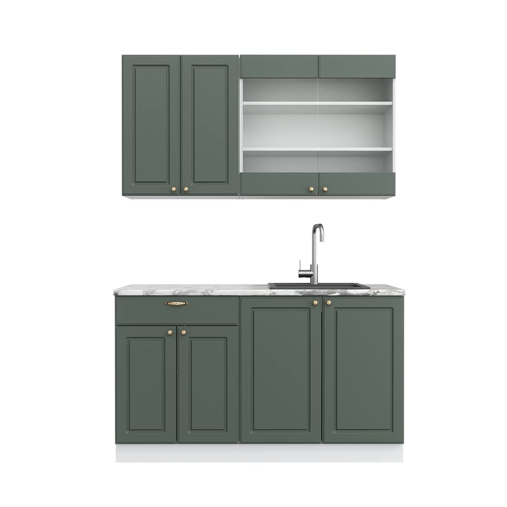 Vicco Cucina completa Fame-​Line, Verde-​oro Country House/​Bianco, 140 cm senza piano di lavoro, compatibile con i comuni elettrodomestici e abbinabile ai lavelli