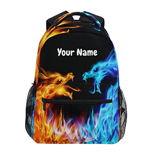Sac à dos d'écolier motif dragon de feu bleu et rouge, personnalisable votre nom pour garçons et filles, sac de voyage, multicolore, Taille unique, Sac à...