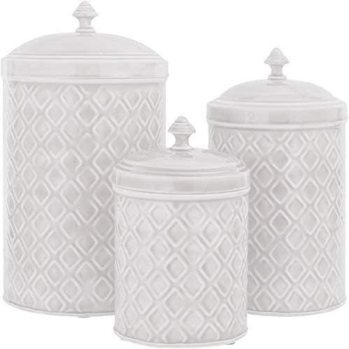 Palais Essentials Metal Farmhouse Decor Kitchen Storage Canisters, Set of 3 Iron Flour and Sugar and Coffee Containers, Small 60 Oz, Medium 100 Oz, Large 180 Oz (Off White)
