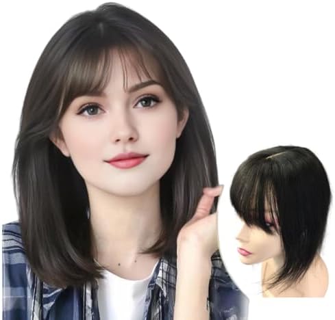Invisible Human Hair Toppers For Women Clip In Toppers With 3D Air Bangs Fringe Straight 10x11cm Middle Part PU Scalp Wiglets Hairpieces Increase Hair Volume (30cm, Black)
