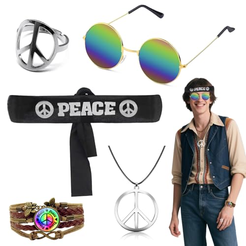 5 Stück Hippie Kostüm Set, Peace Zubehör mit Stirnband, Sonnenbrille,...