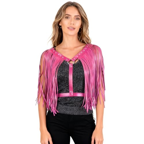 renvena Punk Tassel Cape PU Leather Harness Belts Fashion Rave Body Chest Harness Club Partywear Rose Pink One Size