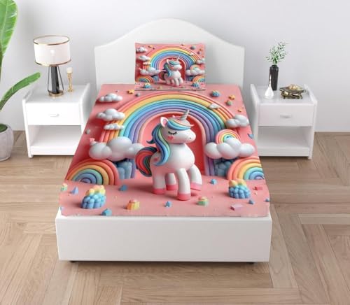 Image of Digital Printed Heavy Quality Glace Cotton 7D Bedsheet for Single Bed, 60 inch x 90 inch Flat Bedsheet with 1 Matching Pillow Cover for Kids, 300 TC (Pink Unicorn)