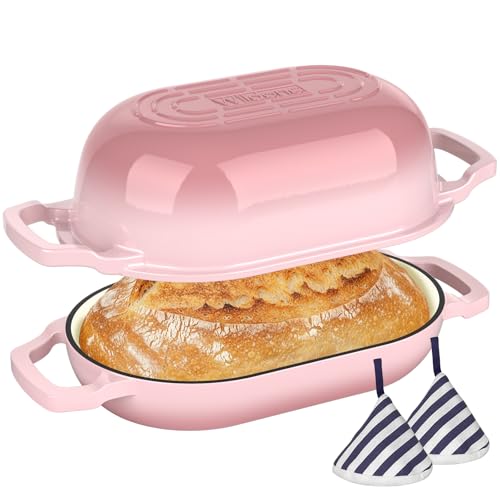 Enameled Cast Iron Sourdough Bread Oven, Wildone 5.5QT Cast Iron Dutch Oven for Homemade Bread Baking, Bread Pan with Lid & Cotton Potholders, Pink by Wildone - Used condition - US$46.10