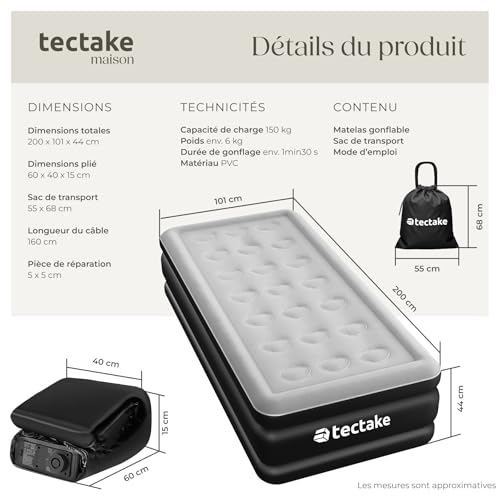 Matelas gonflable 2 personnes confortable tectake avec pompe et lit d'appoint - 10