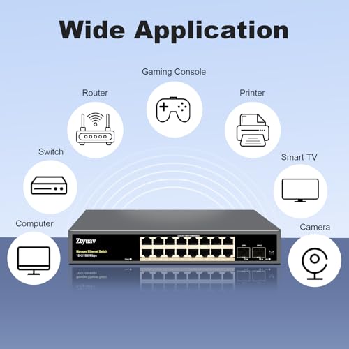 Image of 18-Port Full Gigabit Easy Smart Managed Ethernet Switch-16 RJ45 Ports & 2 SFP Ports, Web & APP Managed, VLAN /QoS /IGMP /LAG /TELNET /CLI Supported, Home Office Network Hub, Metal Plug & Play